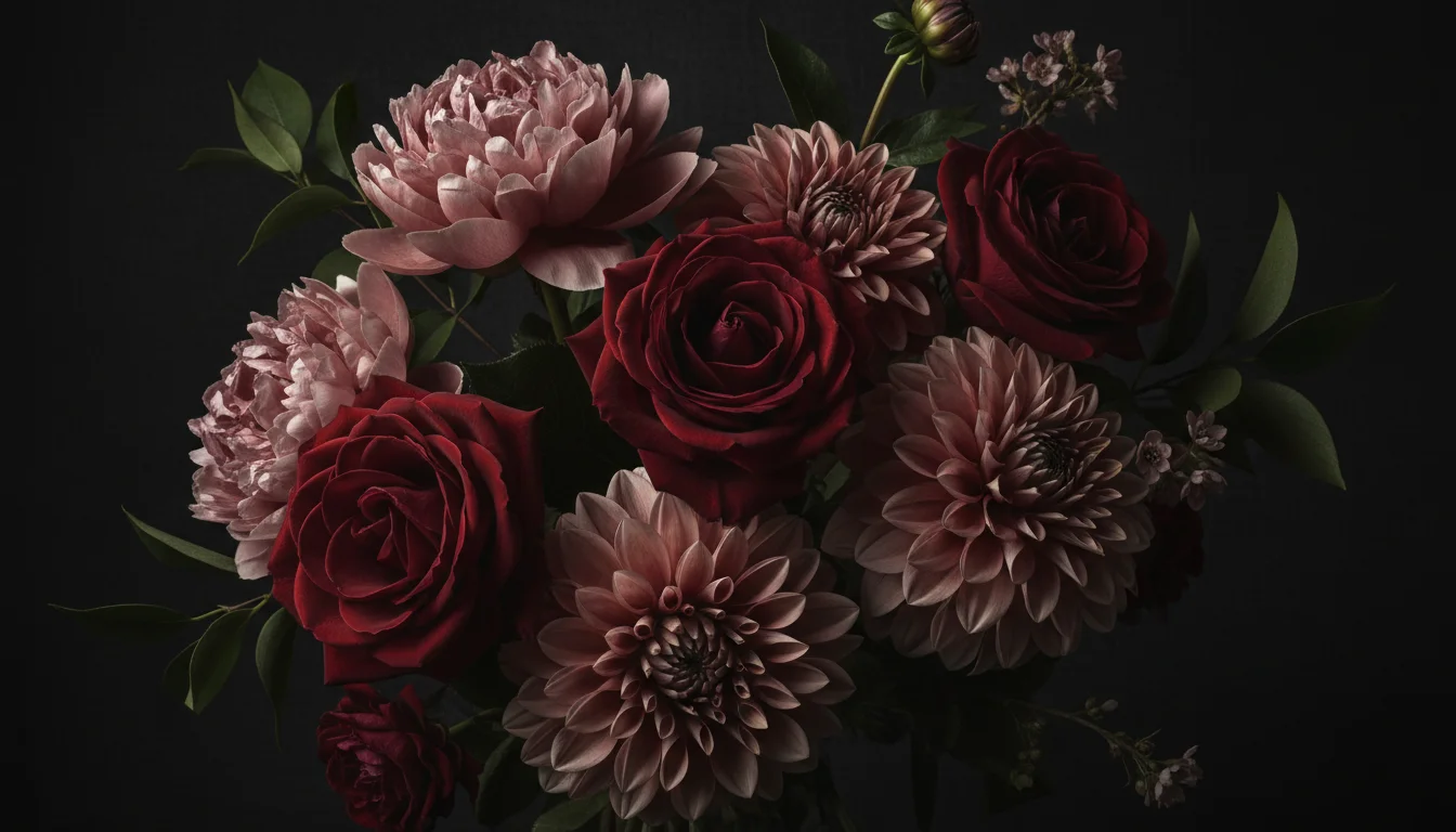 A stunning, close-up editorial composition of deep burgundy and dusky rose flowers against a near-black background